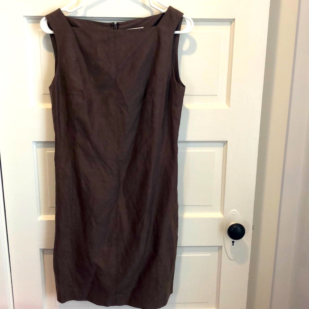 Brown silk linen boat neck collection dress 8